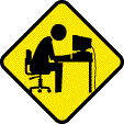 Image ID: A gif of a yellow road sign depicting a stick figure banging their head against their computer keyboard. End ID.