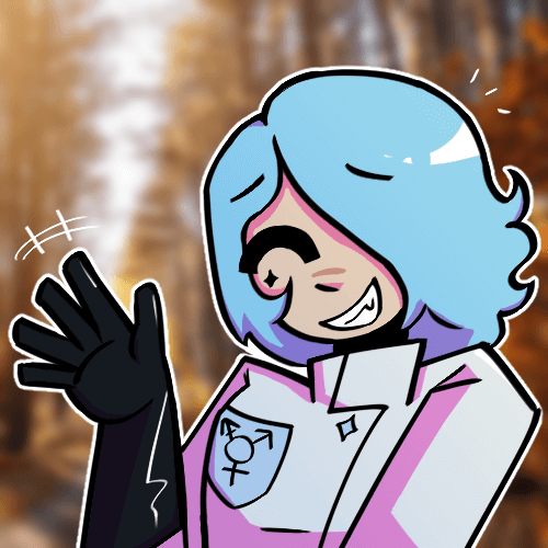 Image ID: A drawing of a blue-haired woman waving gingerly to the camera. She's wearing a white labcoat and black gloves, and her coat pocket has the transgender symbol on it. End ID.