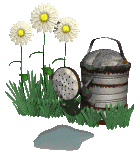 Image ID: A gif of white daisies next to a watering can. A single drop of water drips from the can. End ID.