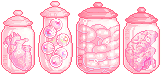 Image ID: A gif of pixel art depicting human organs such as eyes, a brain, a heart, and intestines in jars. End ID.