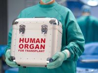 Image ID: A photo of a surgeon holding a white box. The box is labelled  ''human organ for transplant'' in red text. End ID.